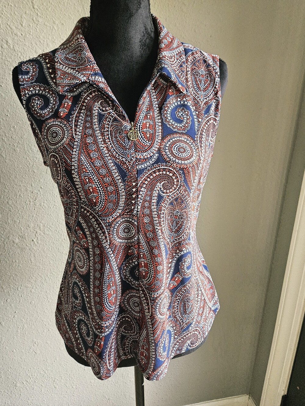 Tommy Hilfiger Navy Red White Paisley Sleeveless Polo Top